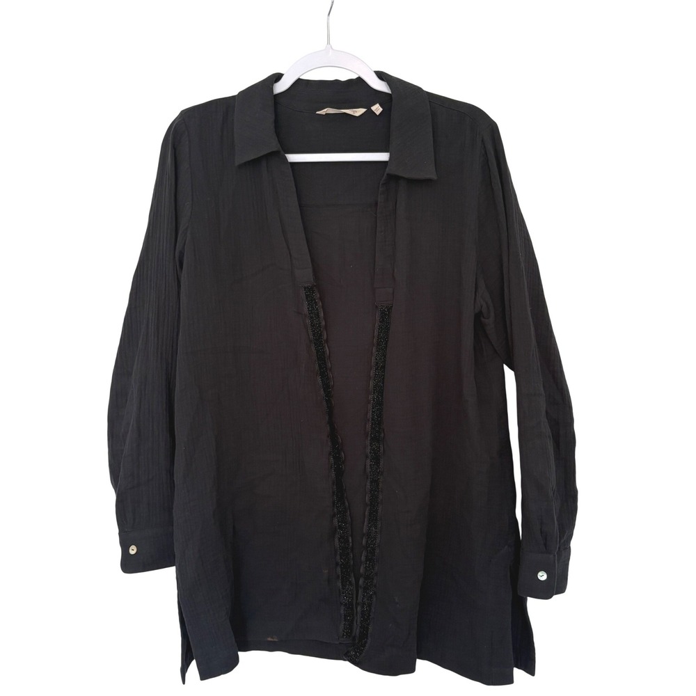 Soft Surroundings Black Crinkle Gauze Tunic Blouse M Coastal Grandma Resort AsIs